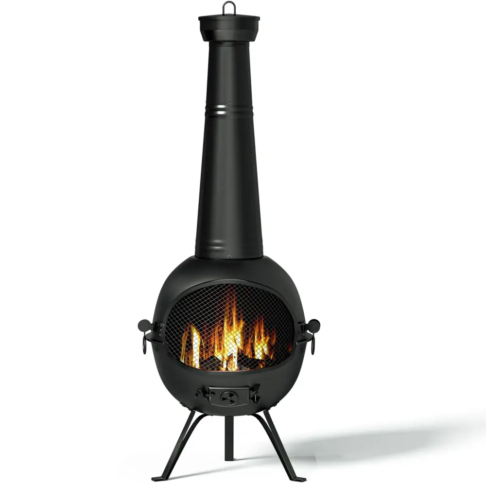 Multi-Fuel KingChii Chiminea Outdoor Fireplace, Hardwood Fire Pit Patio Backyard Cover, Black