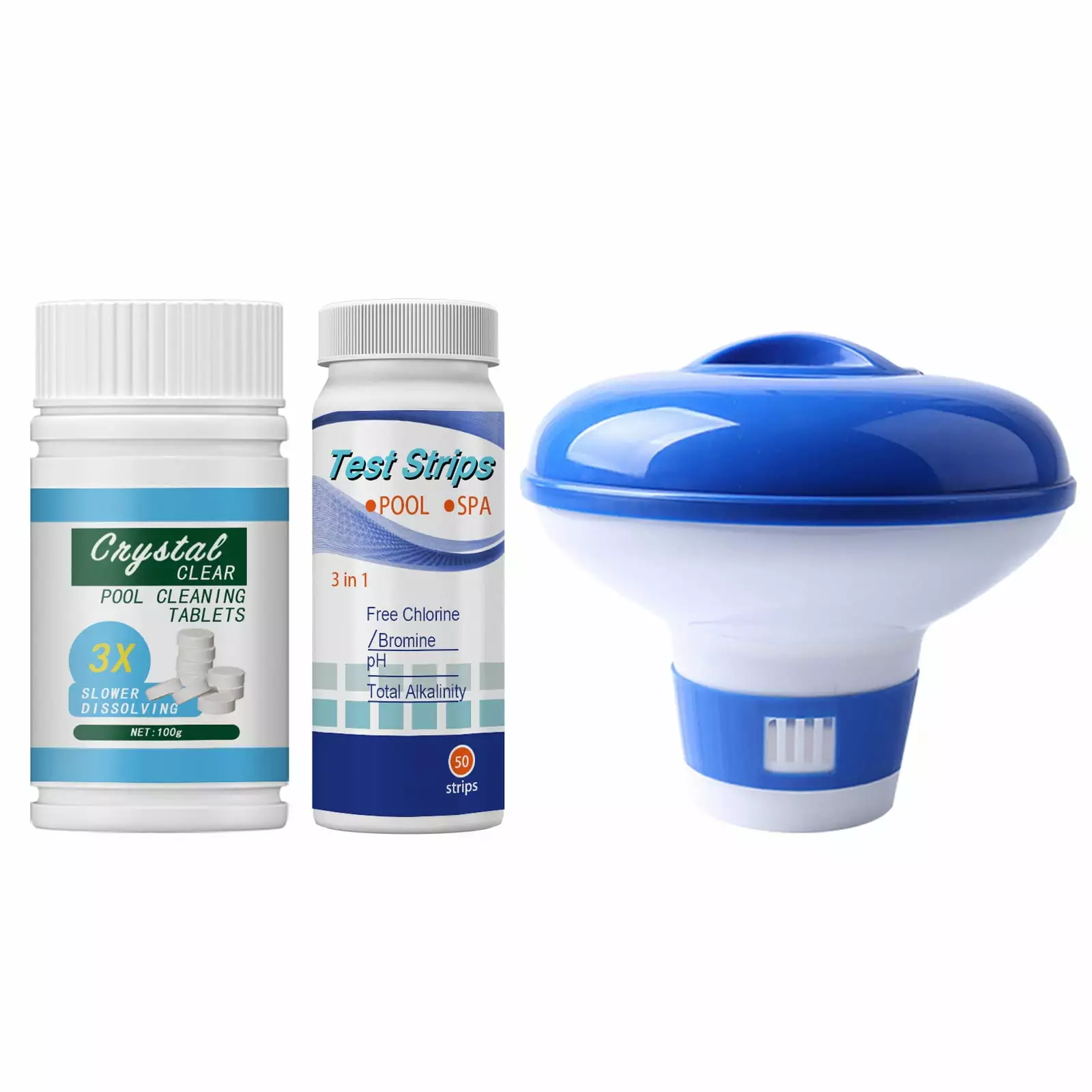 5 Inch Mini Floating Chlorine Dispenser 100Pcs Pool Cleaning Tablets and 3-Way Test Strips