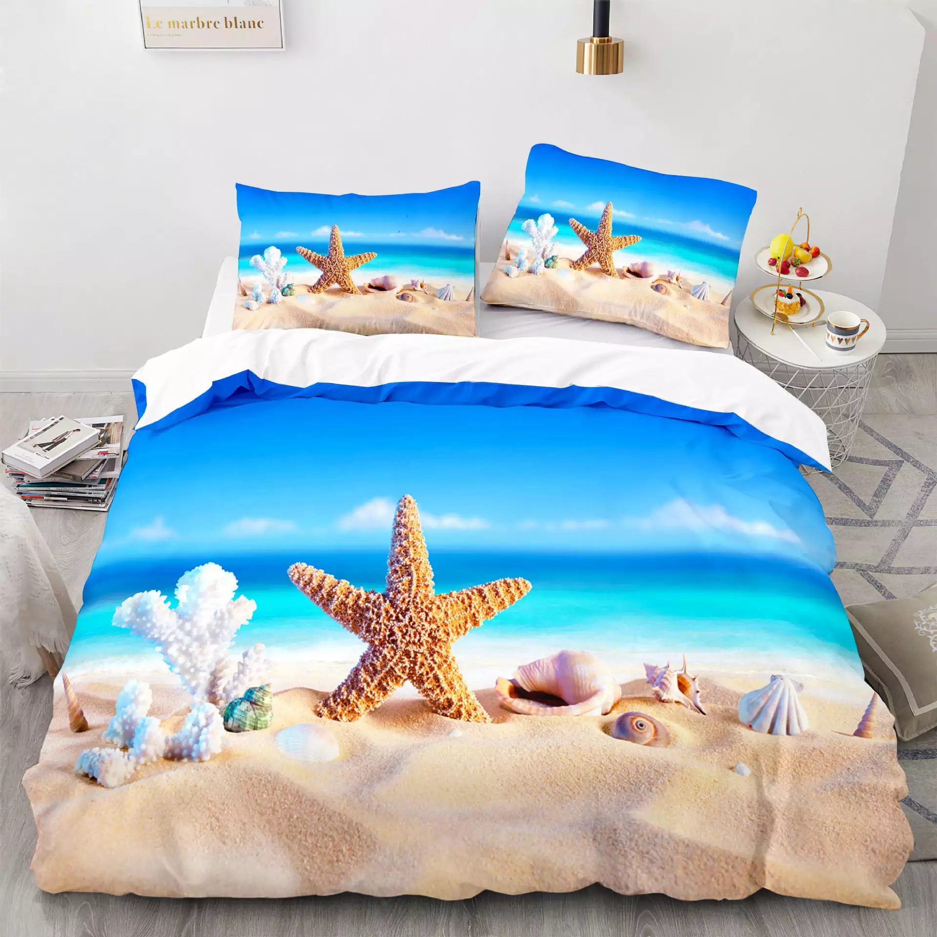 3-Piece Coastal Beach Quilt Set Blue Ocean Theme Seashell Bedding ETCEO