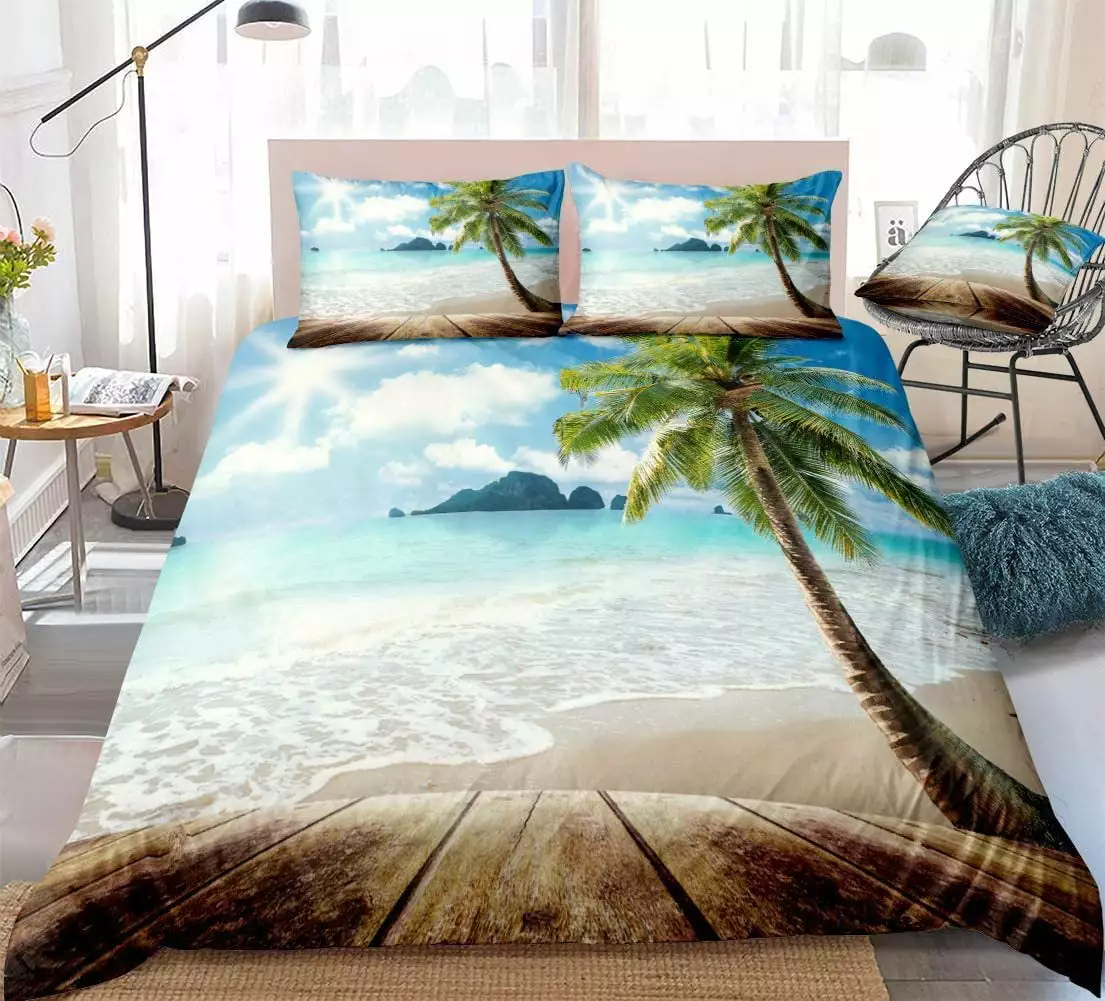 3-Piece Coastal Beach Quilt Set Blue Ocean Theme Seashell Bedding Wotrick