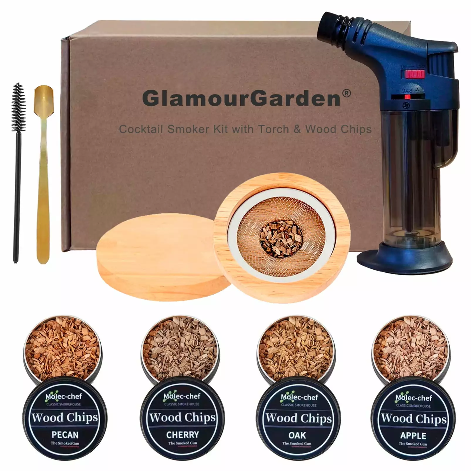 Cocktail Smoker Kit Torch and 4 Flavors Wood Chips Bourbon and Whiskey GlamourGarden
