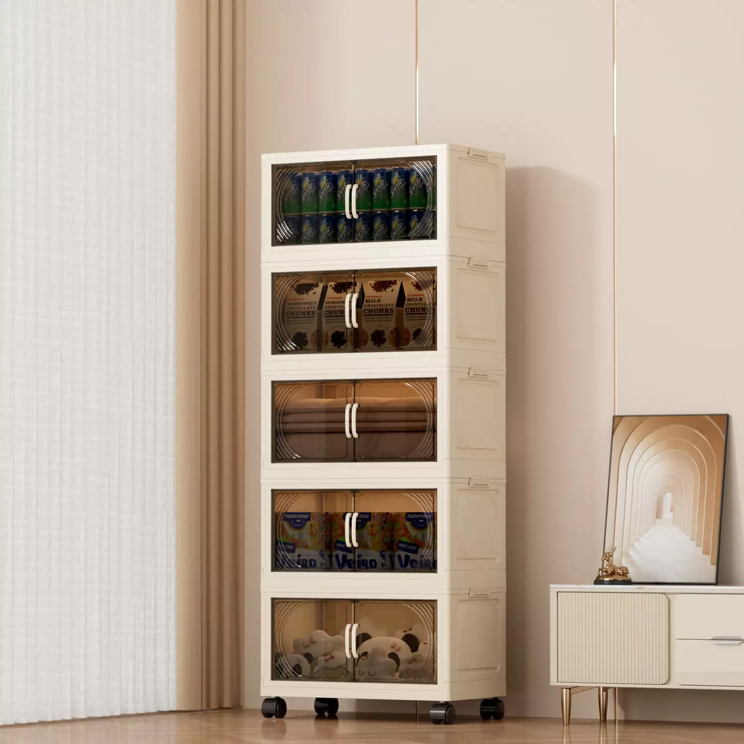 Karramlili 156QT Collapsible Plastic Storage Bins 5 Pack Doors and Wheels 125qt