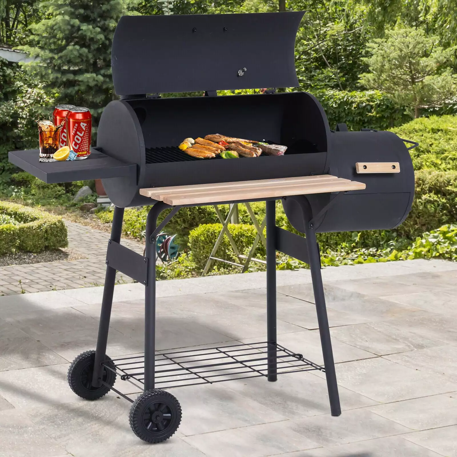 48 Inch Steel Travel-friendly Backyard Charcoal BBQ Grill and Offset Smoker Combo TITSELF