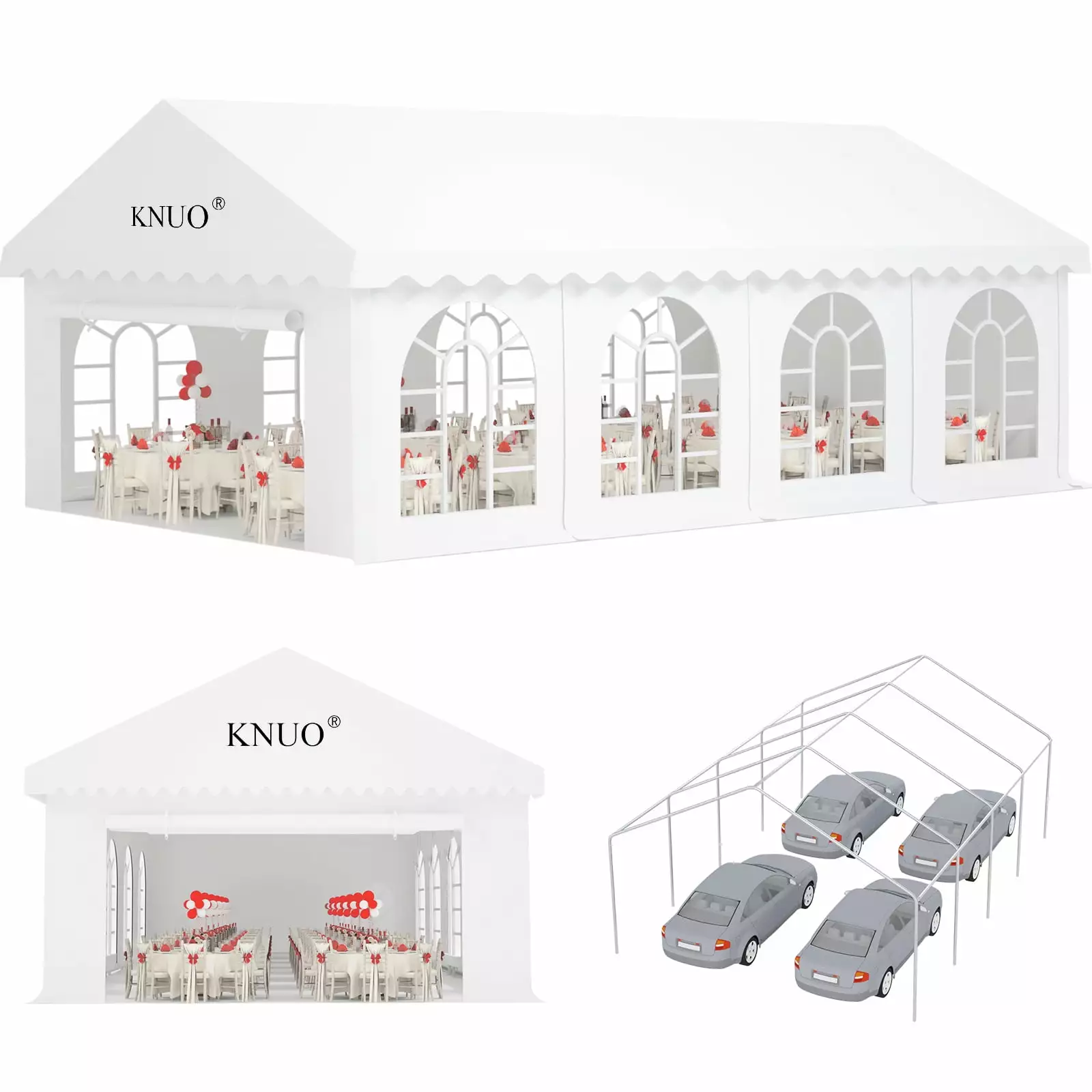 KNUO 20x30 Heavy-Duty Party Tent Exclusive Design Windows Triple Reinforced Steel Frame White PE Fabric