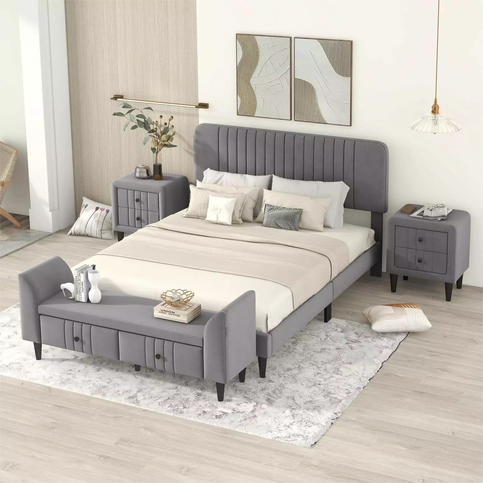 Elegant 4-Piece Gray Bedroom Set Queen Size Upholstered Platform Bed Nightstands and Storage Bench - Contemporary Home Dec...
