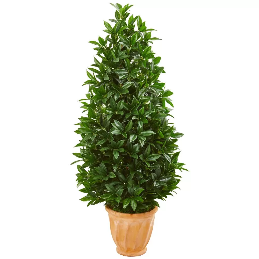 Nearly Natural 4.5 Foot Bay Leaf Cone Topiary Artificial Tree Terra Cotta Planter Indoor Outdoor