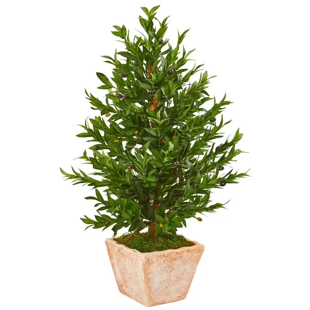 Nearly Natural 35 Inch Olive Cone Topiary Artificial Tree Terra Cotta Planter Indoor Outdoor