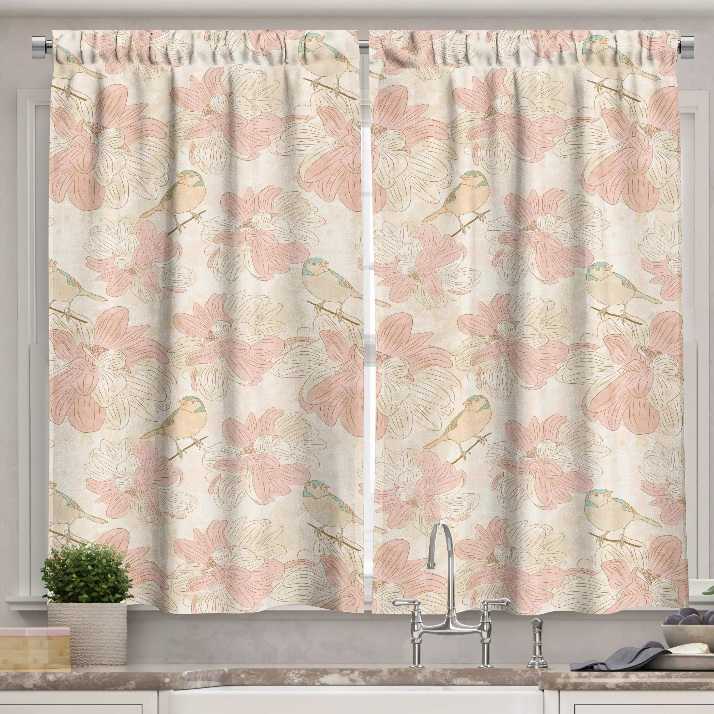 Ambesonne Botanical Kitchen Curtains Birds on Branches Flowers 55x45 Blush Peach
