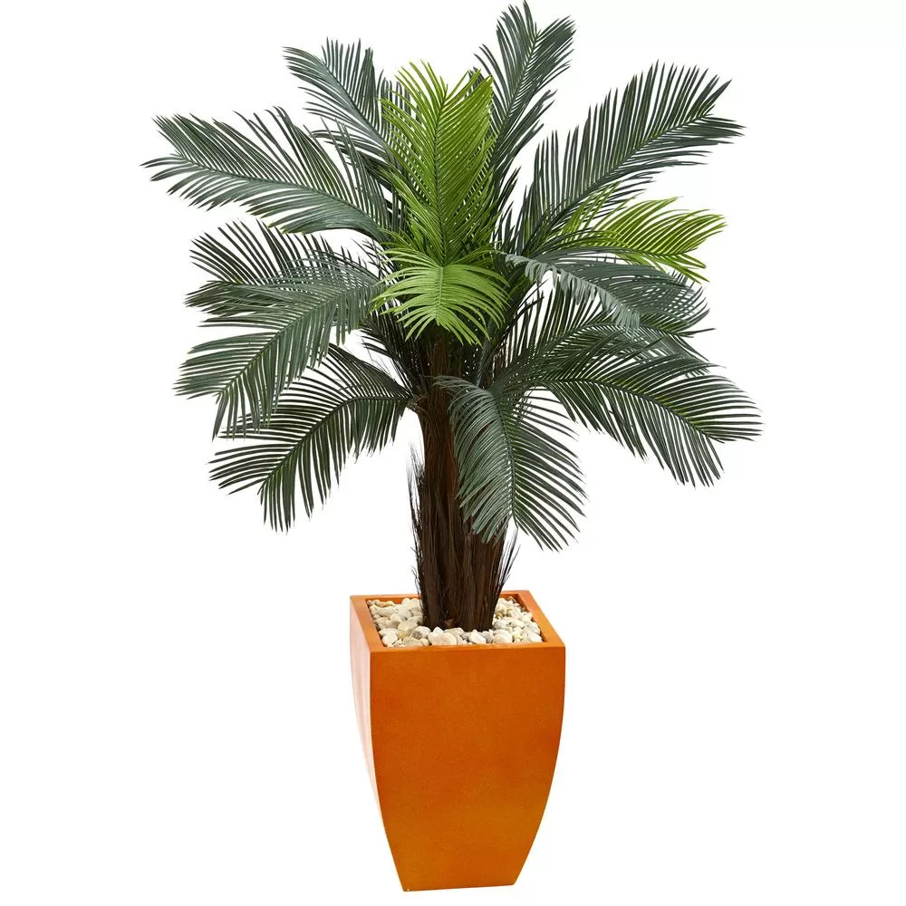 Nearly Natural 4.5 ft. Cycas Artificial Tree Orange Planter Indoor Outdoor