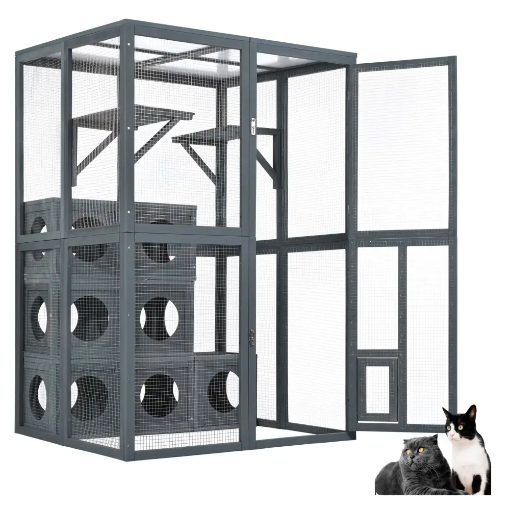 Outdoor Cat House Shelves And Weather Protection, Replaceable Wood Boxes - Gray Easy Assembly