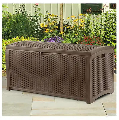 Suncast DBW7300 73 Gallon Brown Resin Wicker Deck Box Patio Storage