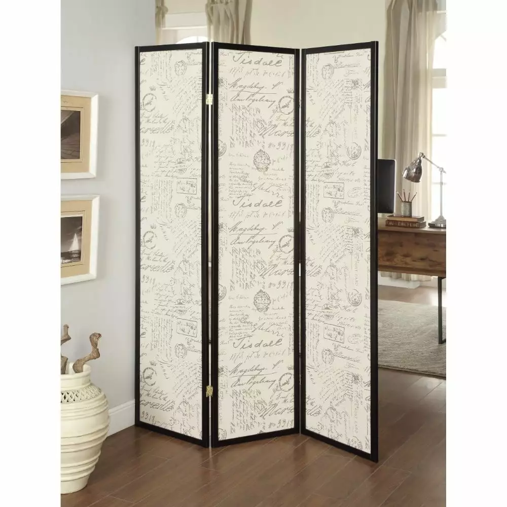 Felice 3-panel French Script Print Folding Screen Espresso Room Divider Coaster Company