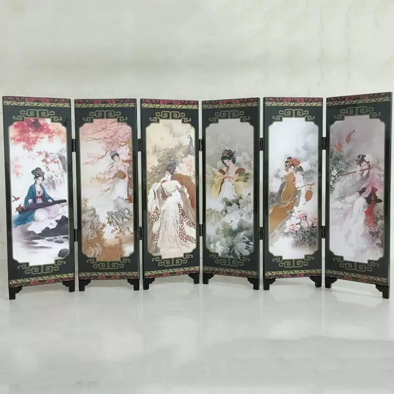 HARFELL Oriental Chinese Golden Lacquer Folding Room Screen Divider Ancient Ladies