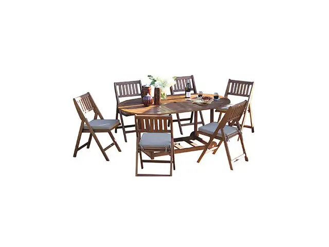 Outdoor Interiors S10555 Oval Fold & Store Dining Set Beige Cushions 7-Piece Patio Furniture