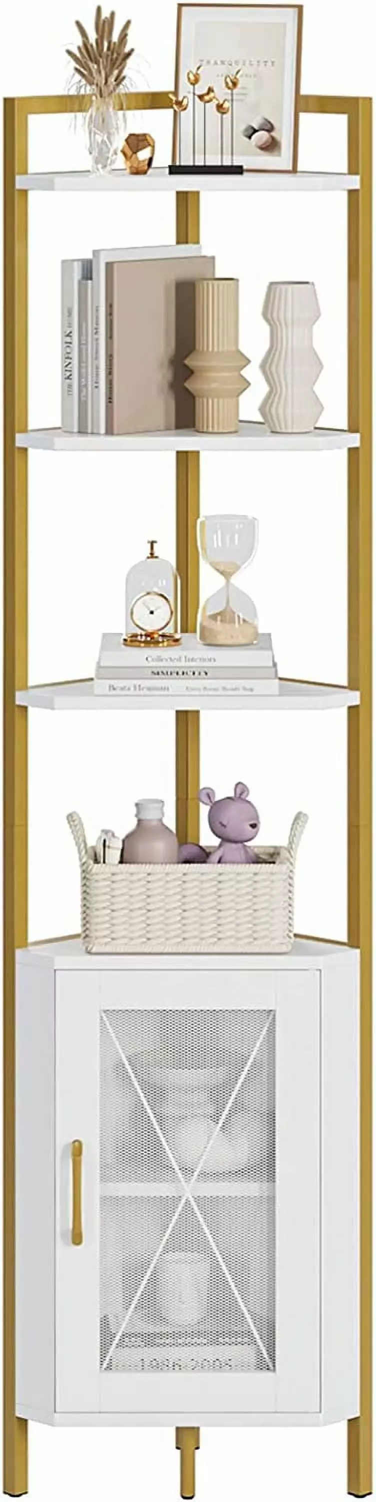 71 Tall Corner Shelf 6-Tier Gold Bookshelf Storage Cabinet Modern Display Chansong