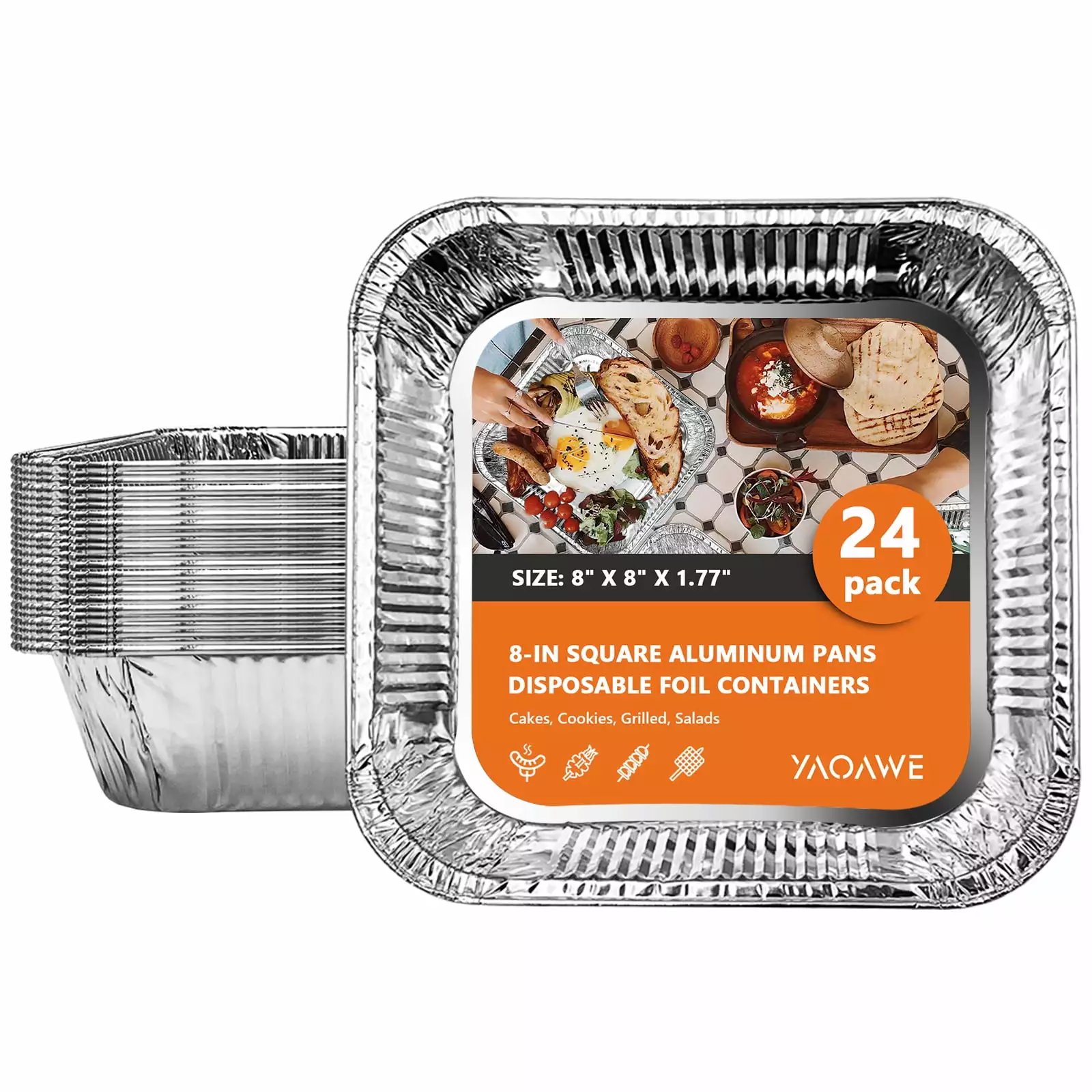 YAOAWE 24-Pack 8 x 8 Aluminum Foil Pans Disposable Tin Foil Trays Square Baking Cake Pan