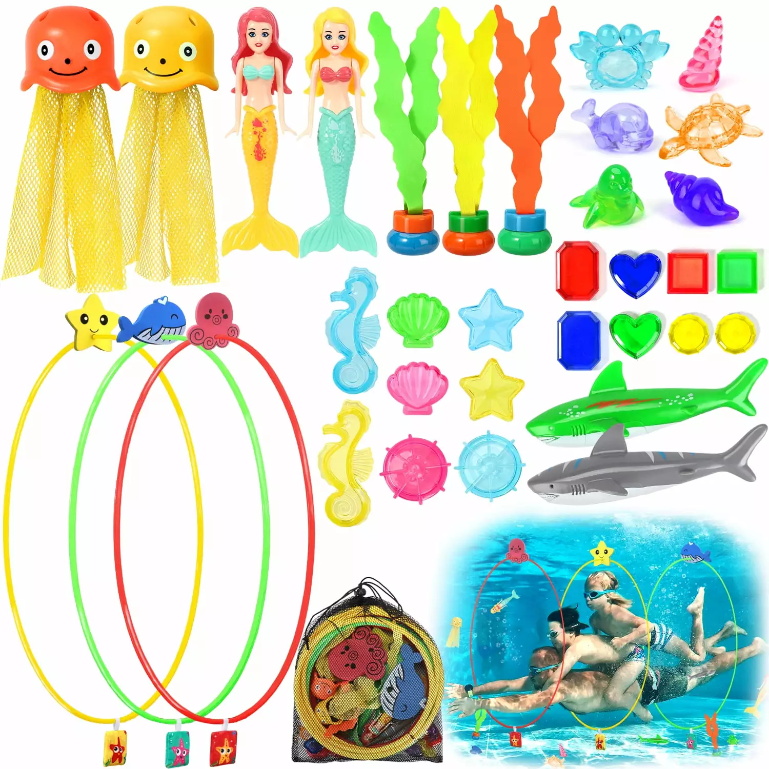 Hatisan 35Pcs Diving Toys Kids Storage Net Bag Swimming Pool Underwater Fun