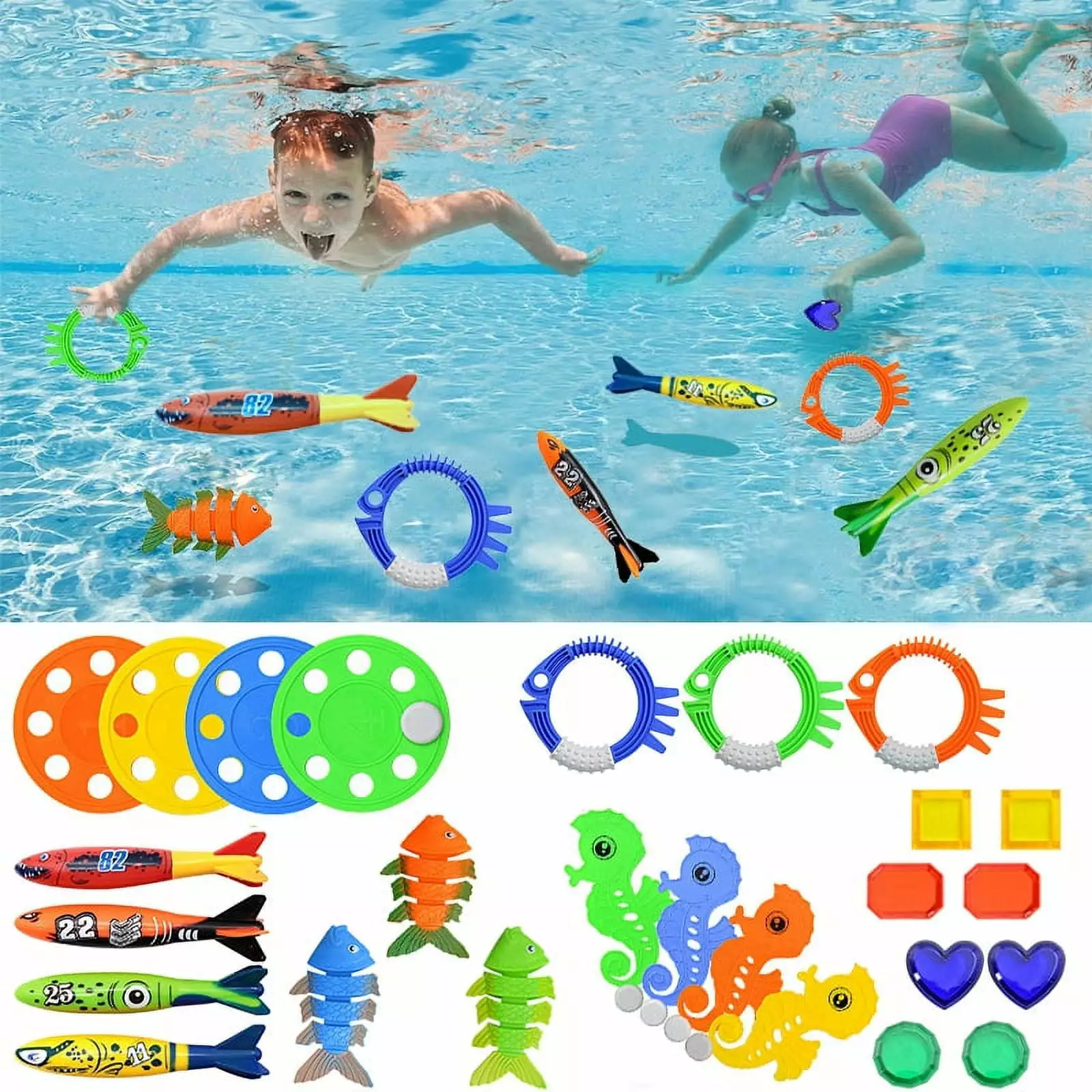 Jsbaby 28 Pcs Diving Pool Toys Kids Ages 3-12 Set Storage Bag Summer Swim Water Fish Toys