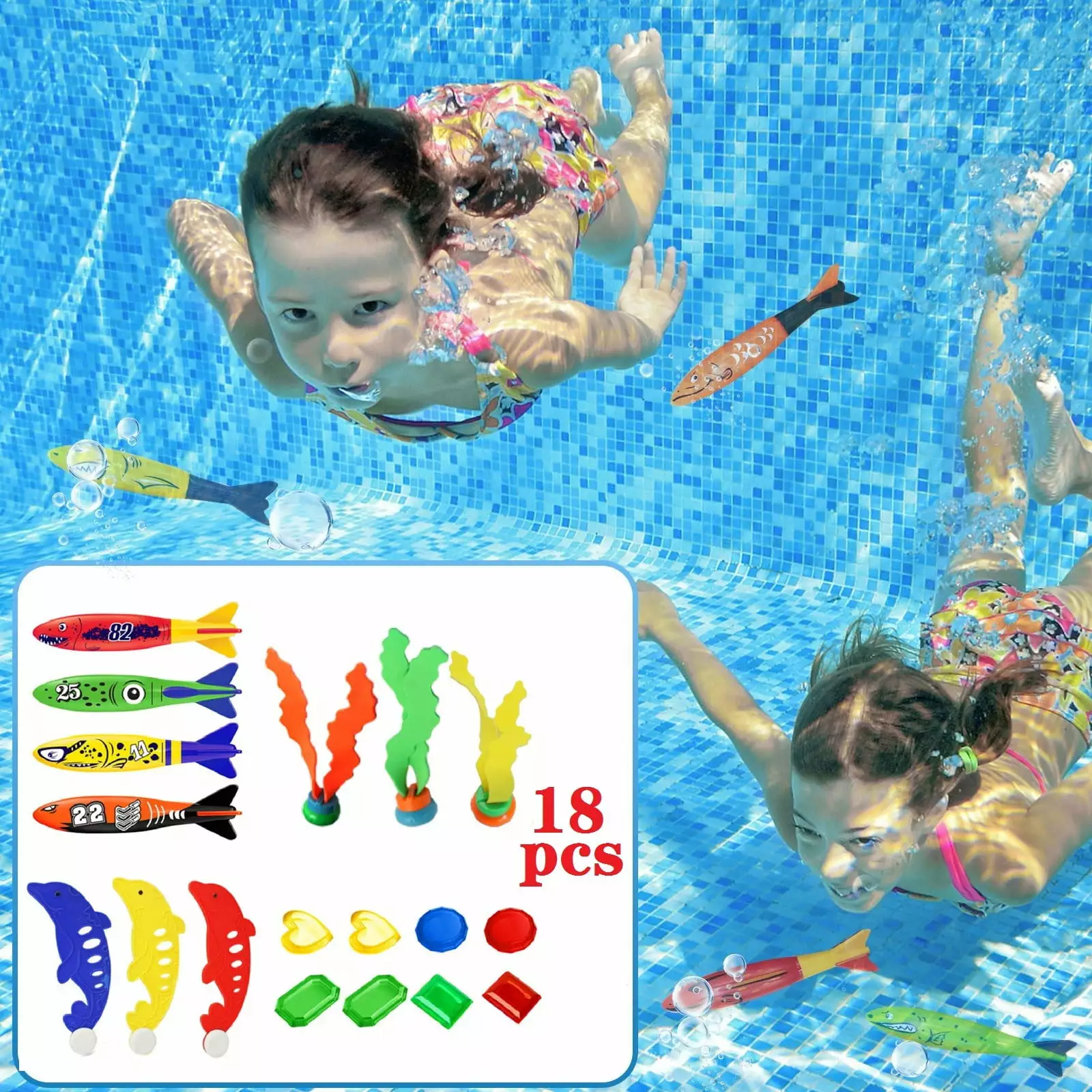 VANLOFE Children's Swimming Pool Toys 18pcs Set Torpedo Seagrass Dolphin Gem Beach Party Plastic