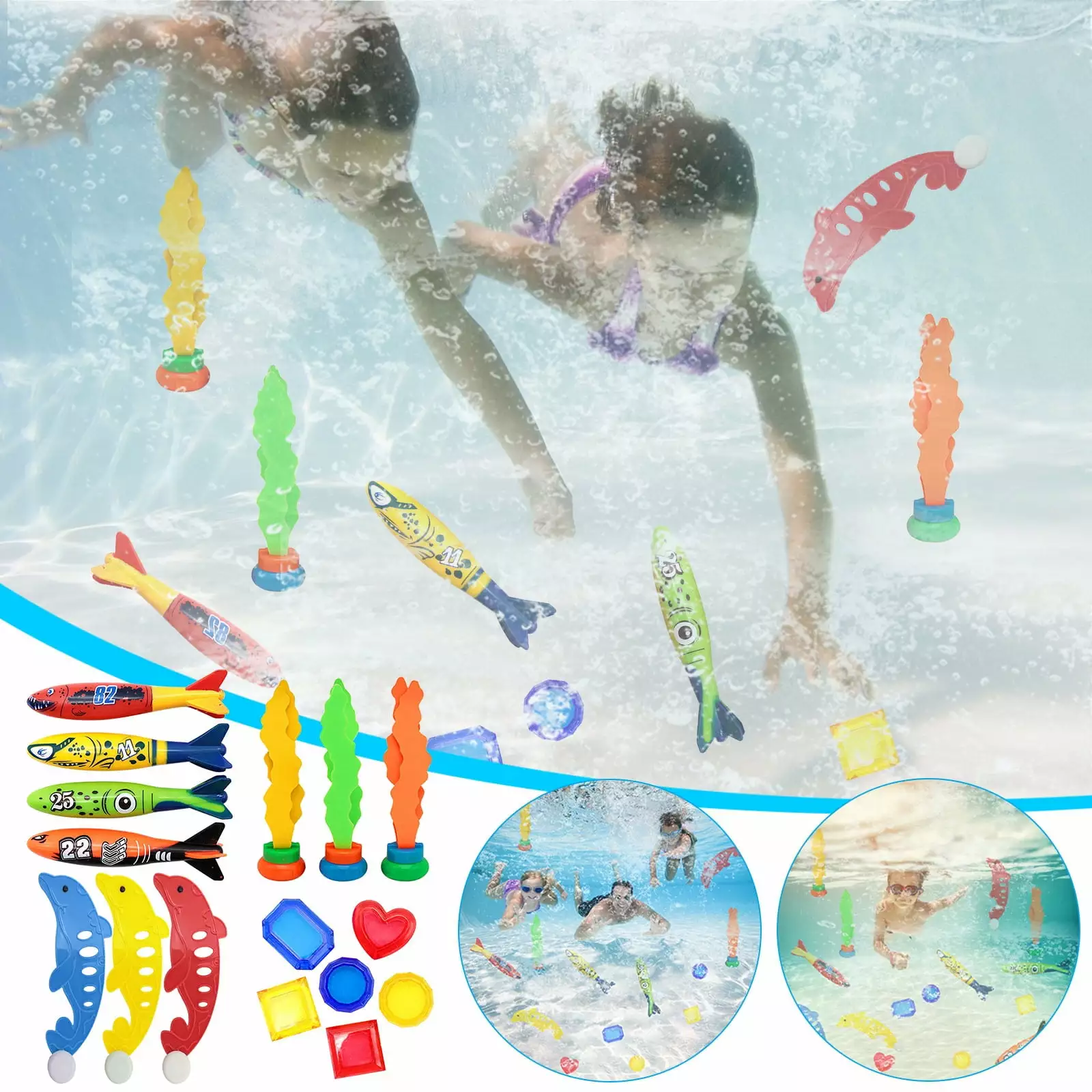 ZToonmas Swimming Pool Diving Toys Kids Sinking Toys Set Underwater Variety 16PC