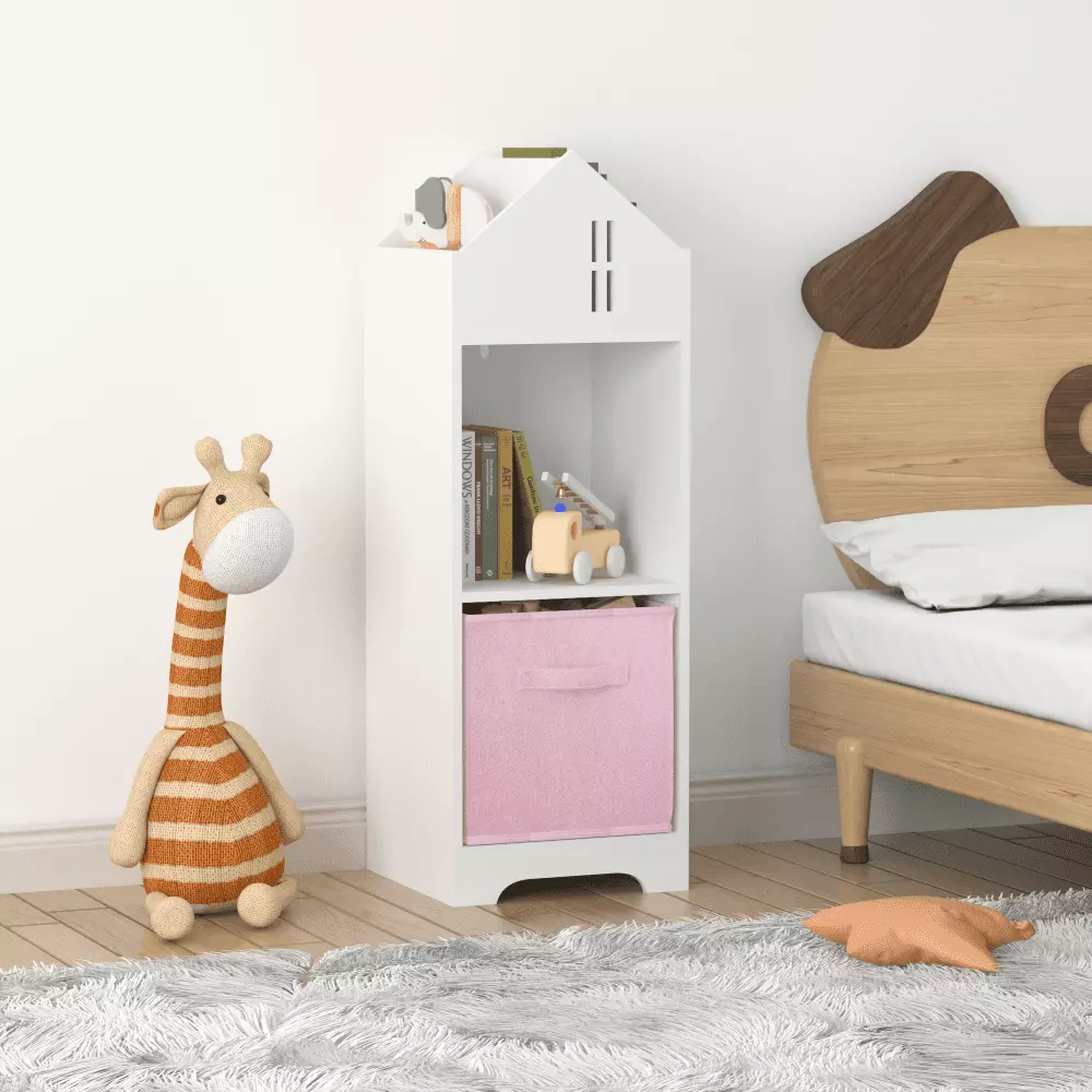 DeeHome Kids Dollhouse Bookcase White Pink - 2-Tier Storage Display Organizer Fabric Drawers