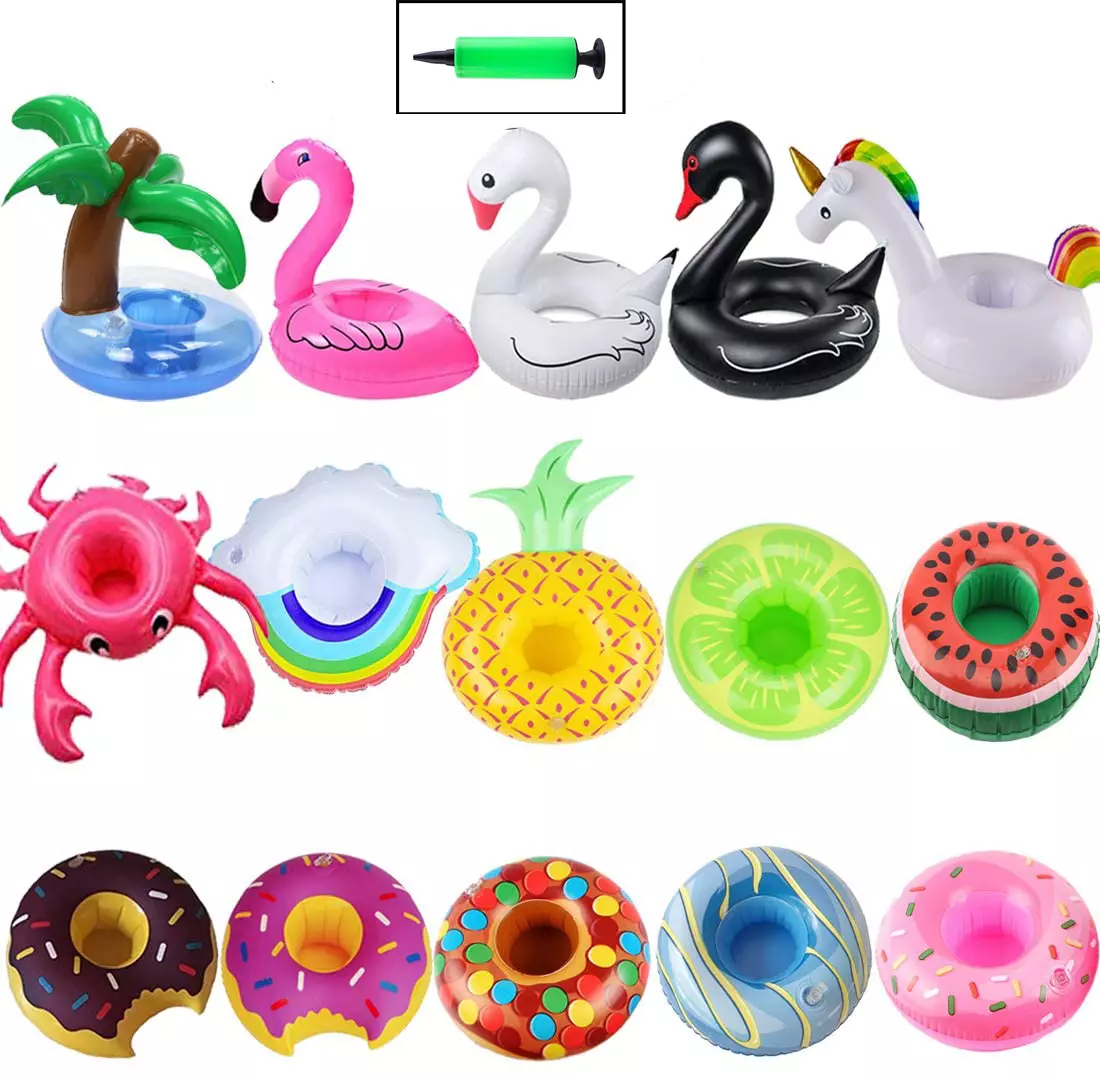 6-Pack Inflatable Drink Holders Free Air Pump Pool Party Cup Floats Coasters