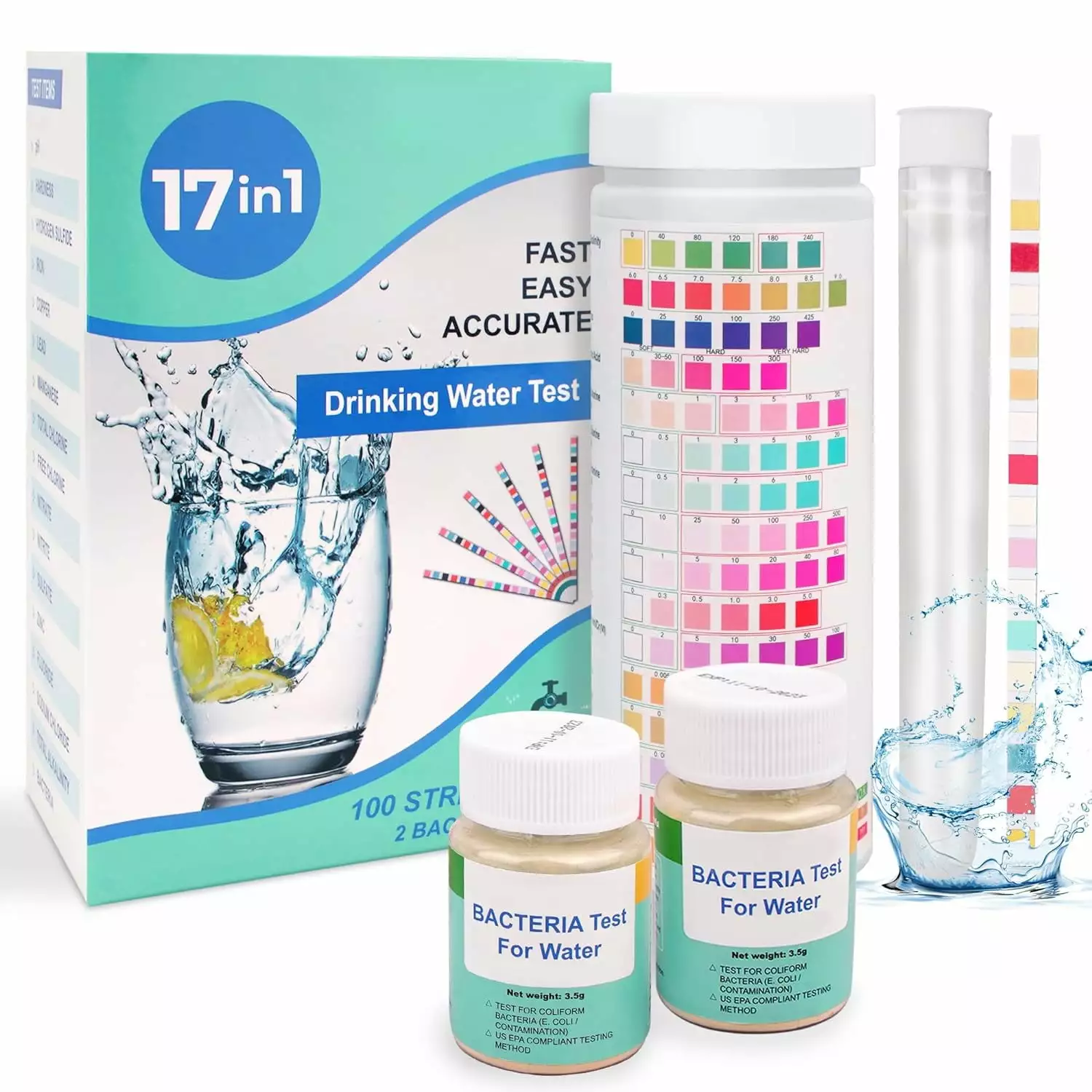 17 1 Premium Water Testing Kit 100 Strips and 2 Bacteria Tests Home Water Quality