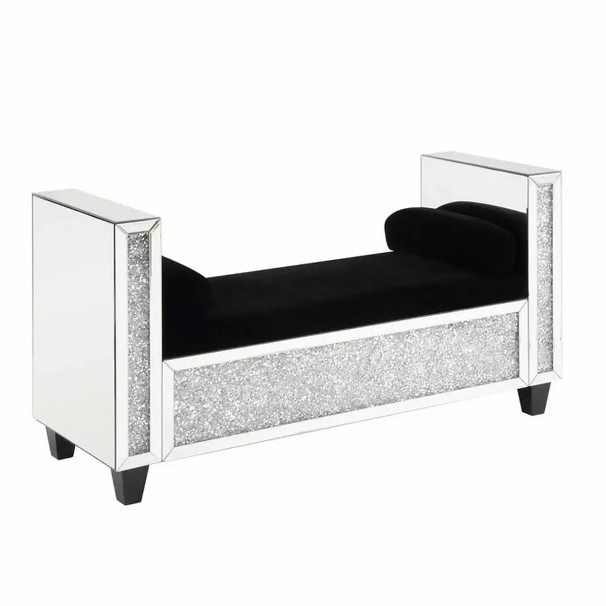 Mirrored Bench 2 Pillows and Button Tufted Seat Silver - Saltoro Sherpi - Elegant Entryway Furniture Benches