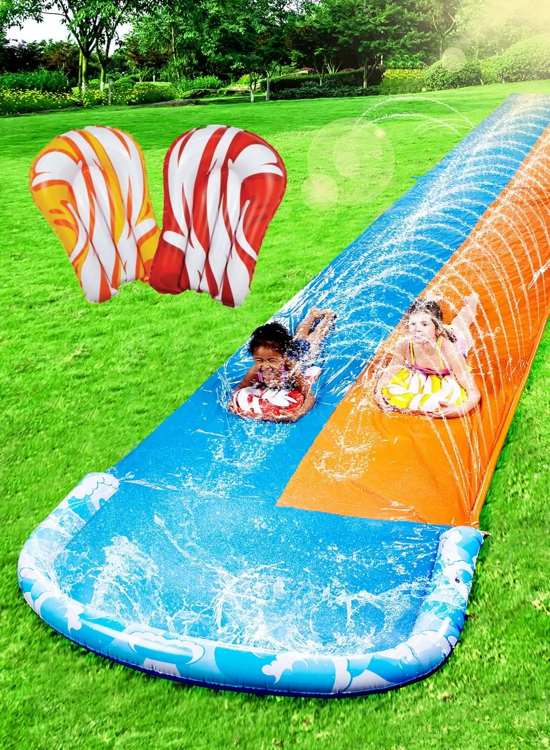 Syncfun 32.5ft Extra Long Water Slide 2 Inflatable Boards Heavy Duty Lawn Water Slides