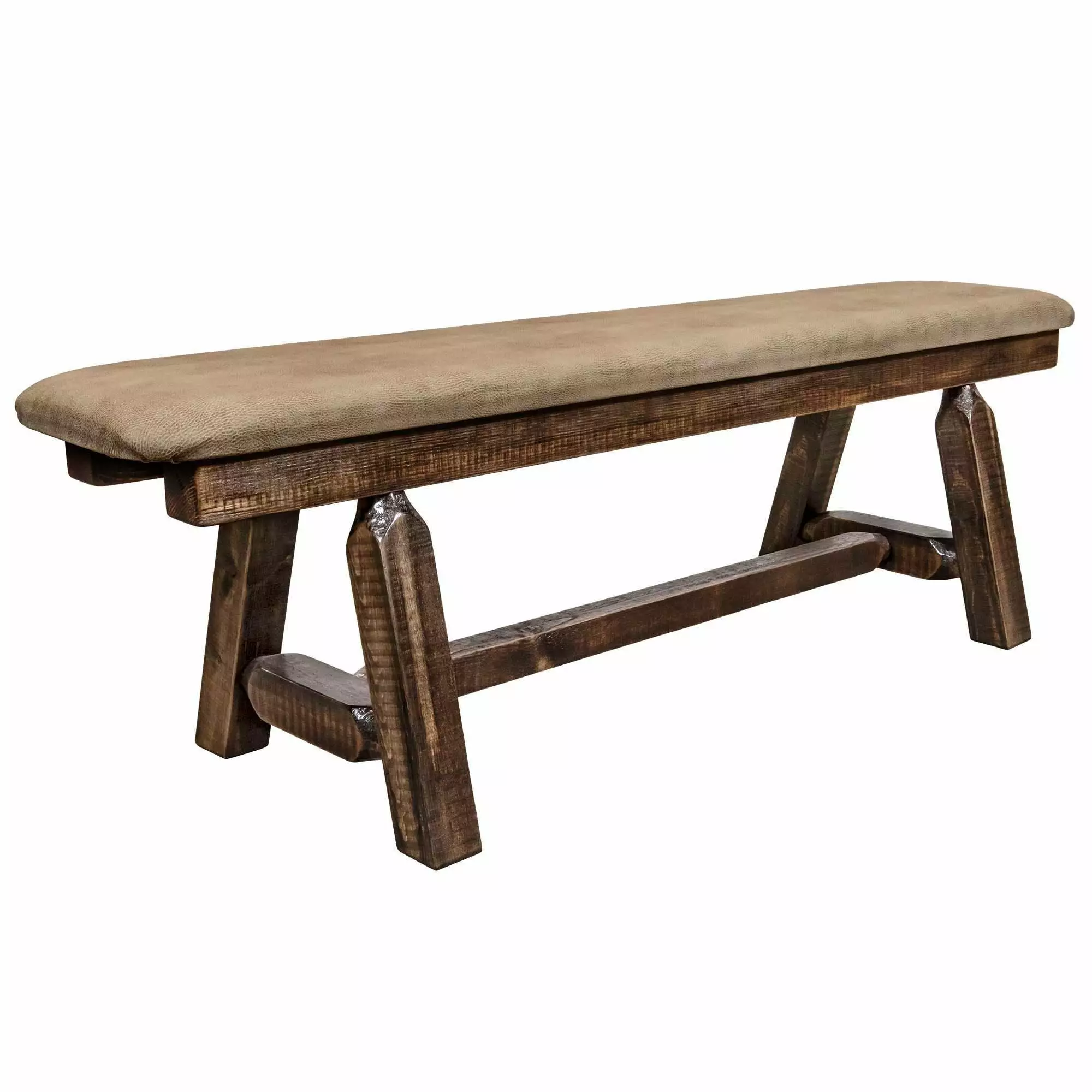 Homestead Collection Plank Style Bench Stain & Clear Lacquer Finish 5 Foot Buckskin Upholstery - Farmhouse Decor Benches M...