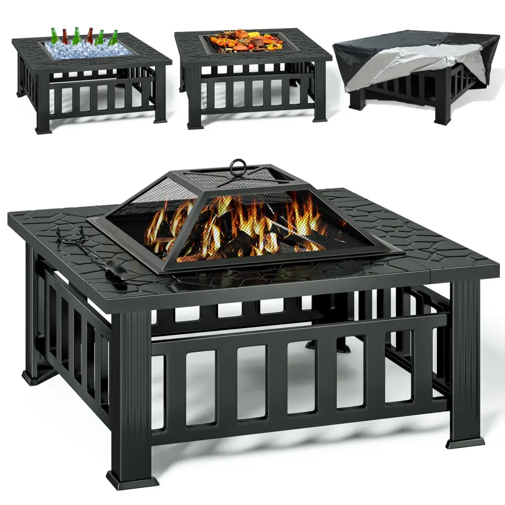 KingChii 32" Fire Pit Table Wood Burning Square Steel Firepit Outdoor, Patio Backyard BBQ Mesh Lid, Poker and Cover, Black...