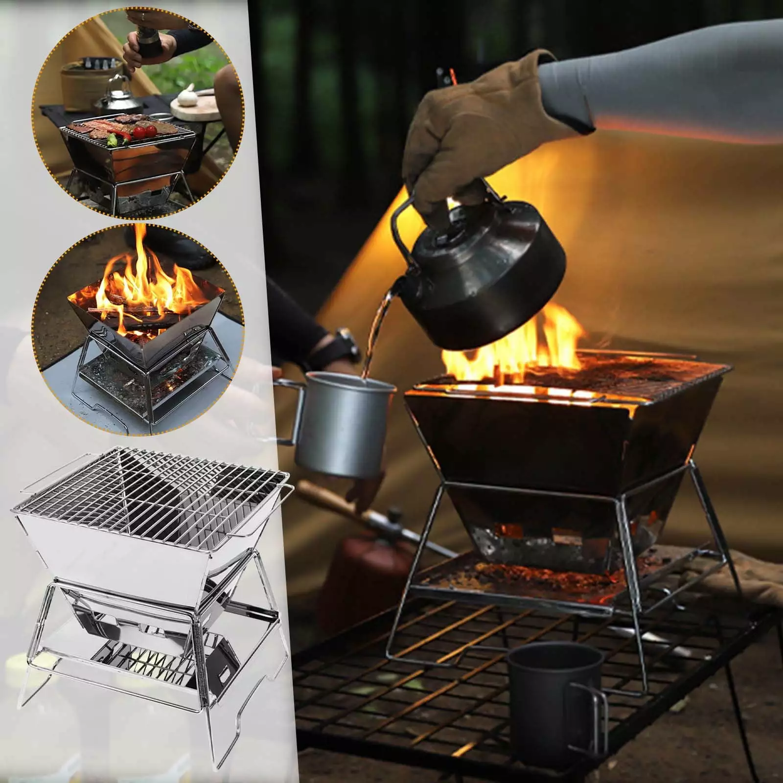 Ozmmyan Outdoor Camping Fire Table Charcoal Barbecue Grill Multi-functional Wood Stove Picnic Travel Cooking