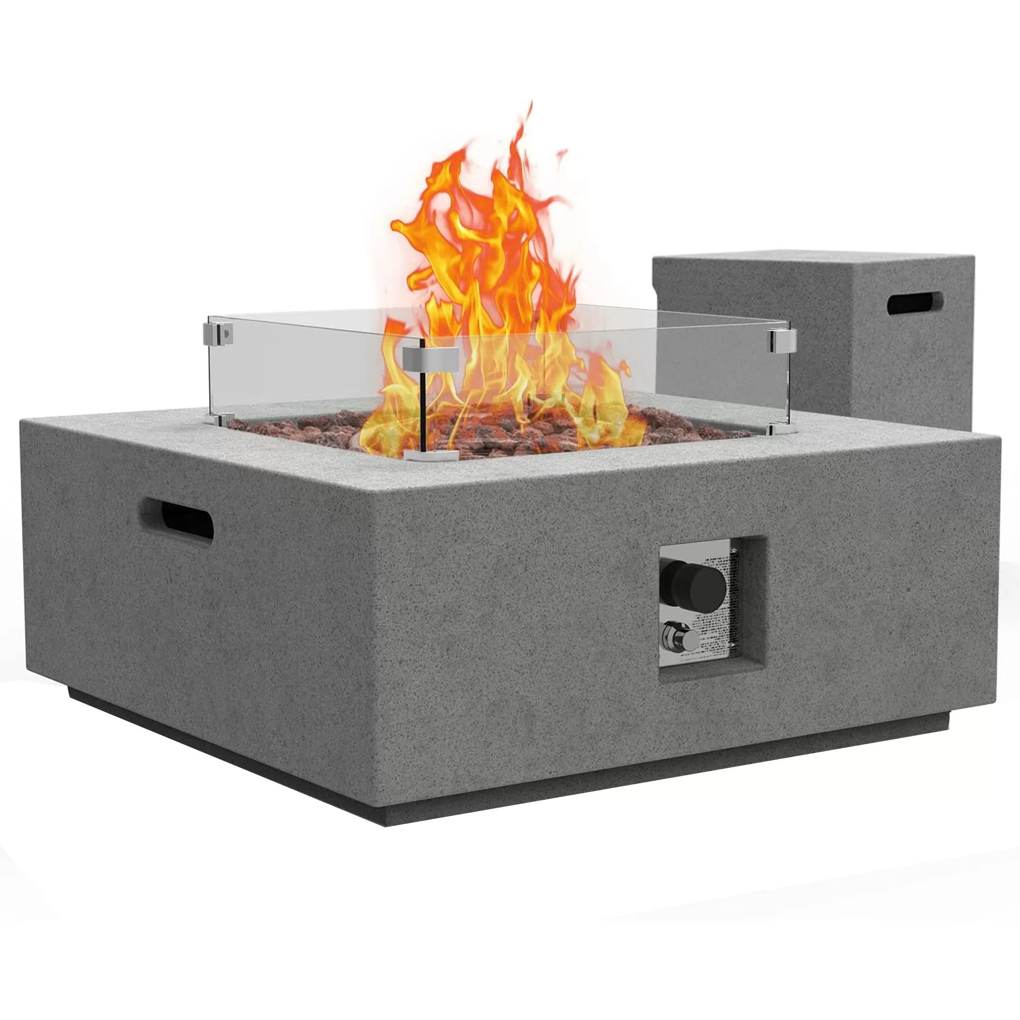 Essential Lounger 35 Inch Square Concrete Outdoor 50000 BTU Firepit Table Set Gray