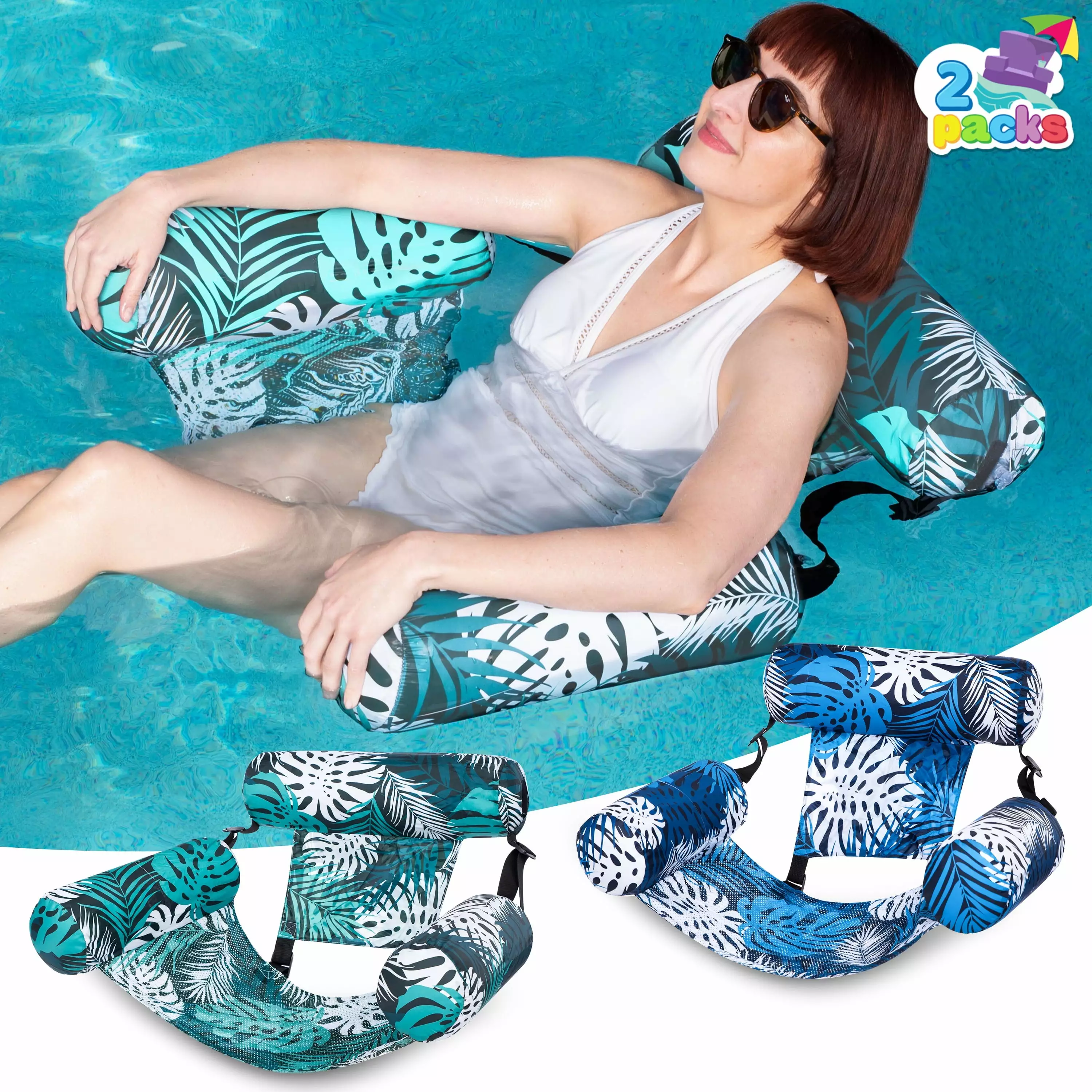 Syncfun 2 Pack Pool Float Hammock Chairs Flower Pattern Inflatable Lounge Summer Fun