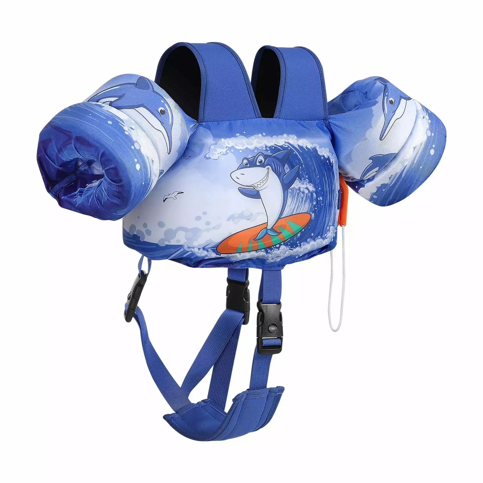 MoKo Toddler Swim Floaties Vest Kids 30-70 lbs Pool Arm Floats Crotch Strap Blue Surf Shark