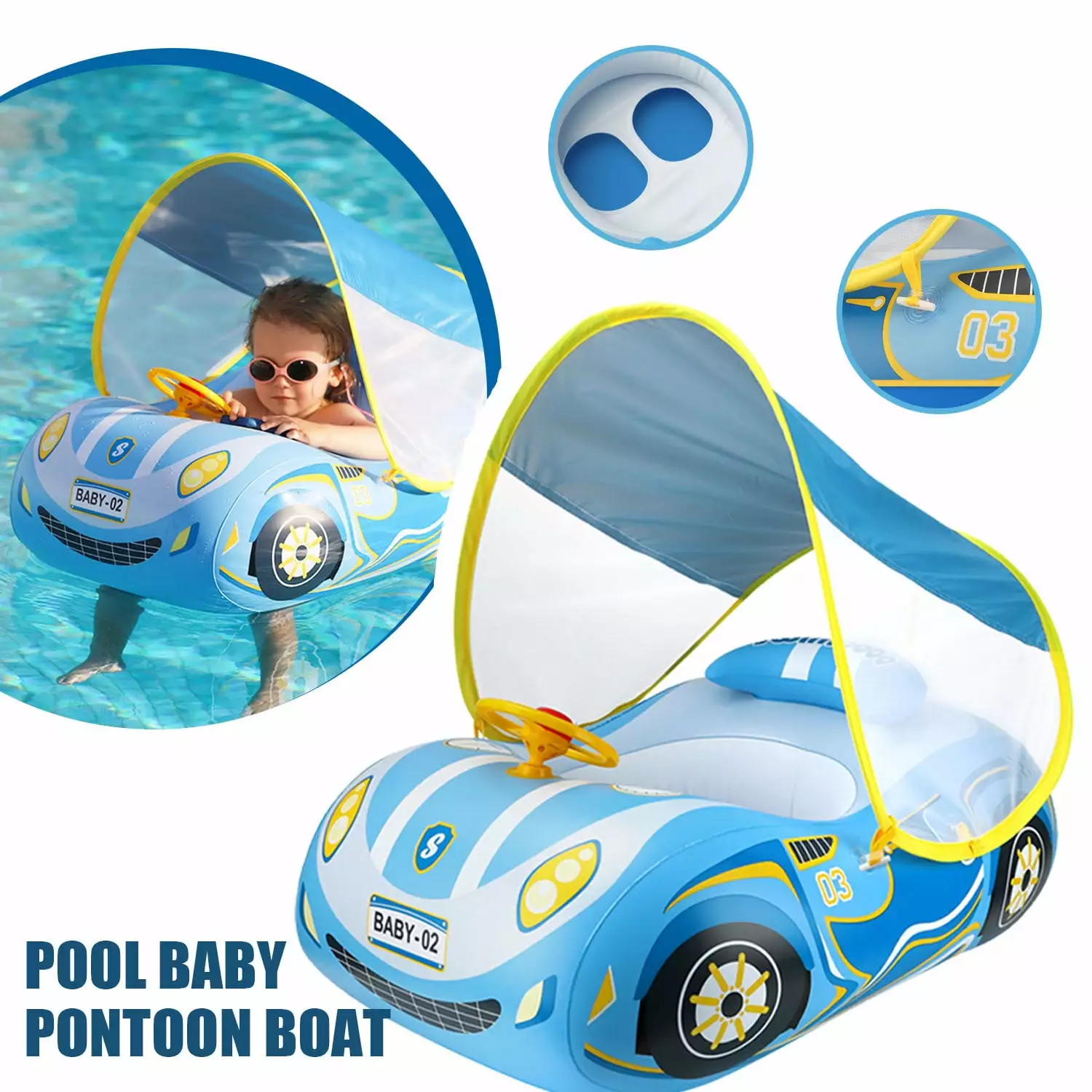 Luniquz Toddler Pool Float Inflatable Car Adjustable Sun Canopy Ages 1-4