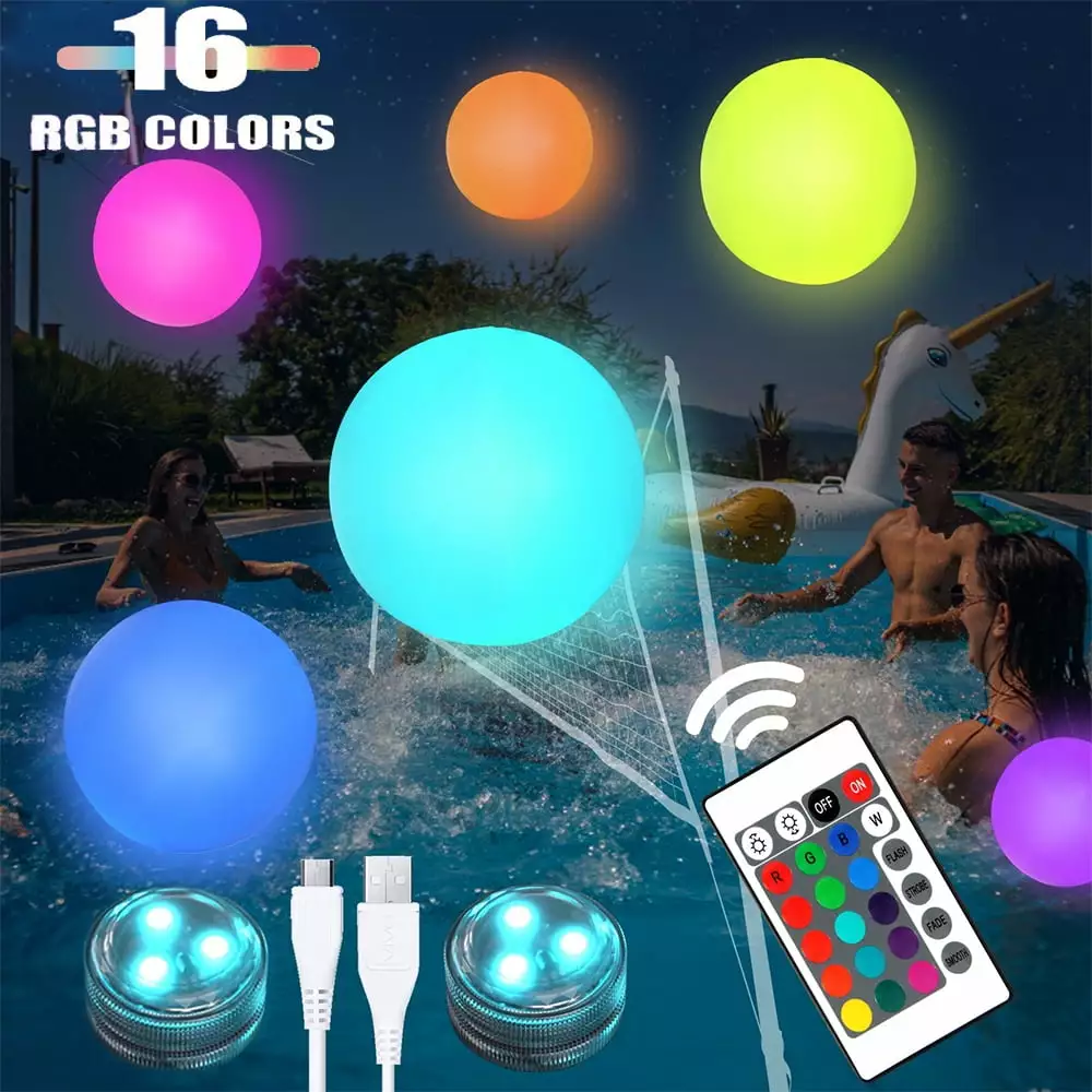 Vatos 2pcs LED Inflatable Swimming Ball Glow Dark Solar Power Remote