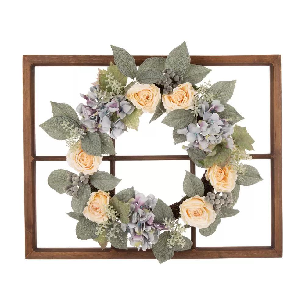 Glitzhome 22 Inch Dia Hydrangea Rose Wreath 28 Inch H Wooden Window Frame