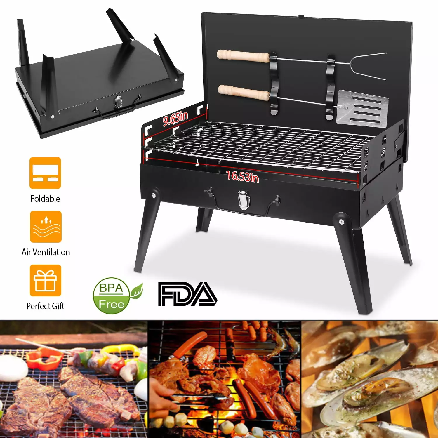 iMounTEK Metal Iron Foldable Charcoal Grill 16.7x10x17.7in Outdoor Camping Picnic
