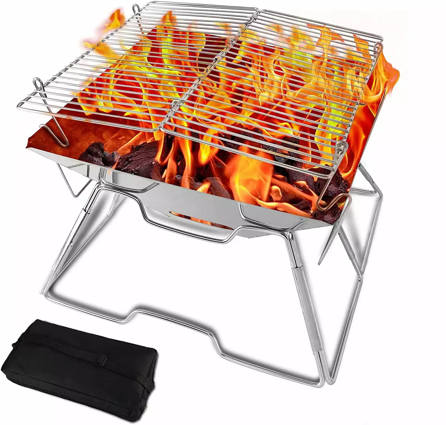 XUHOG Stainless Steel Charcoal Grill Fire Tube Travel-friendly Folding BBQ Grill and Carrying Bag