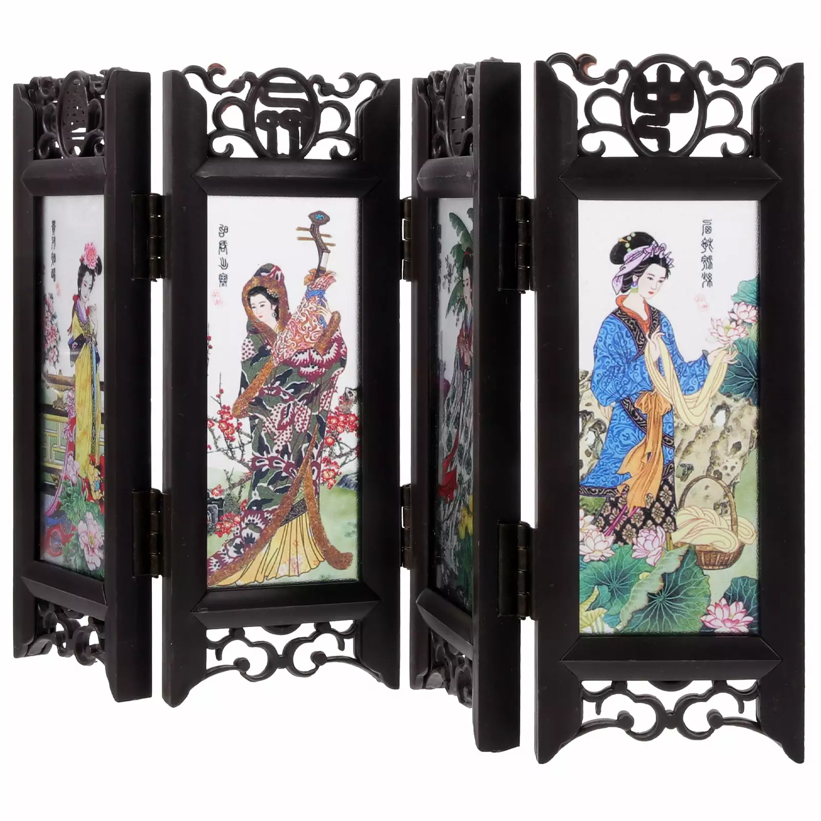 Chinese Style Retro Folding Small Screen Resin Panel Room Divider Four Great Beauties Etereauty