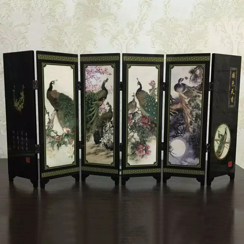 Gerich Mini 6-Panel Peacock Screen Room Divider Wood Folding Partition Commemorative 48x24x0.6cm