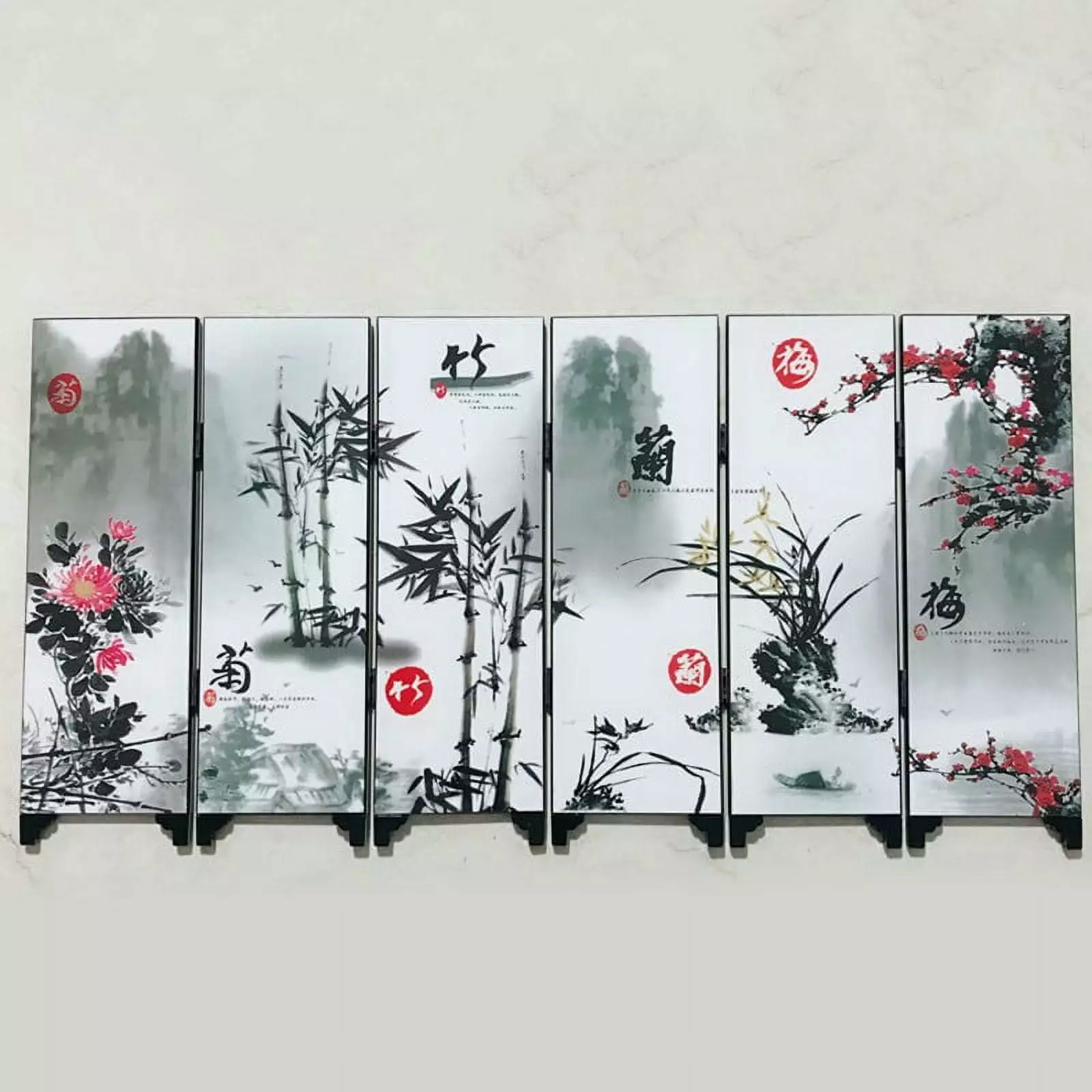 6-Panel Flower Bamboo Screen Room Divider Wood Folding Partition Business Gift Have Fan Shop