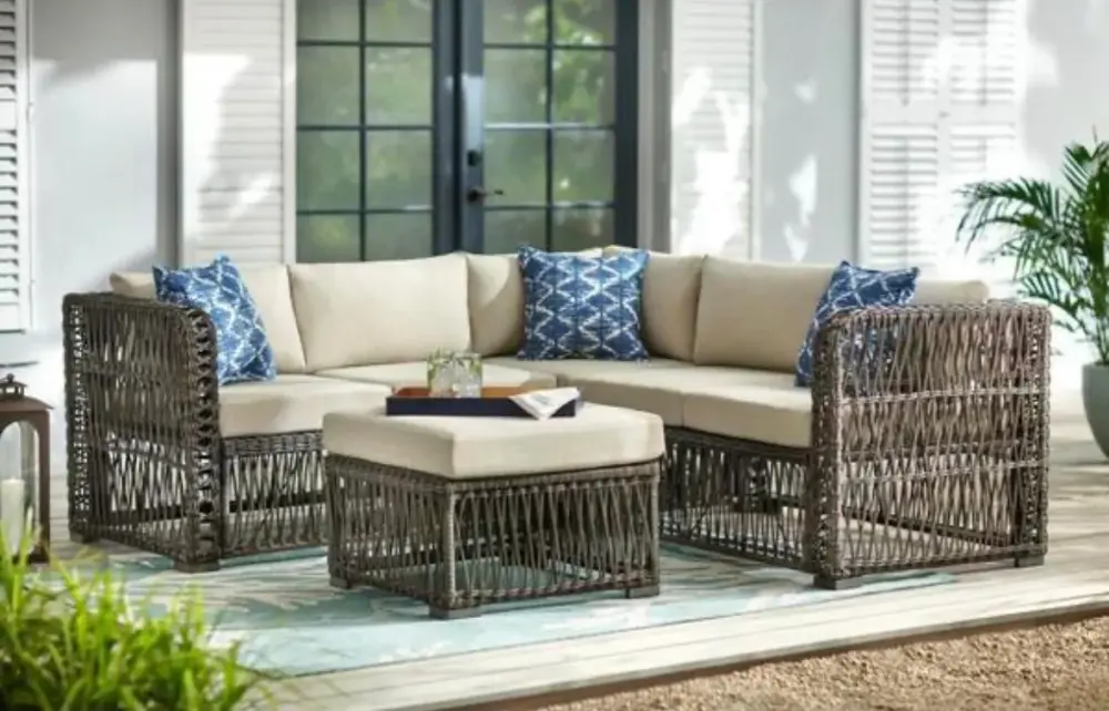 Weed Trimmer Line 4-Piece Wicker Patio Sectional w/ Taupe Cushions