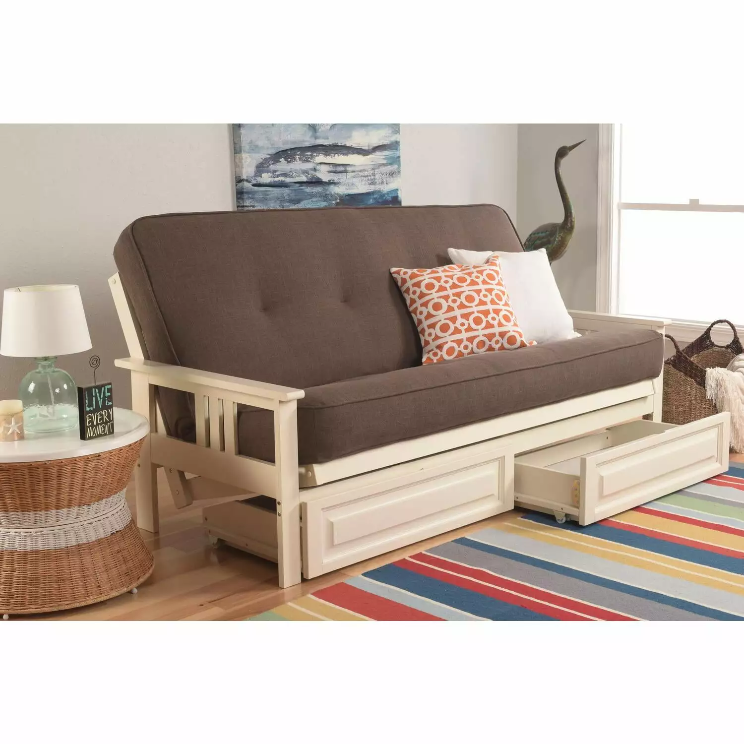 Maykoosh Renaissance Romance Full Futon Frame Storage Drawers Antique White/Brown Futons
