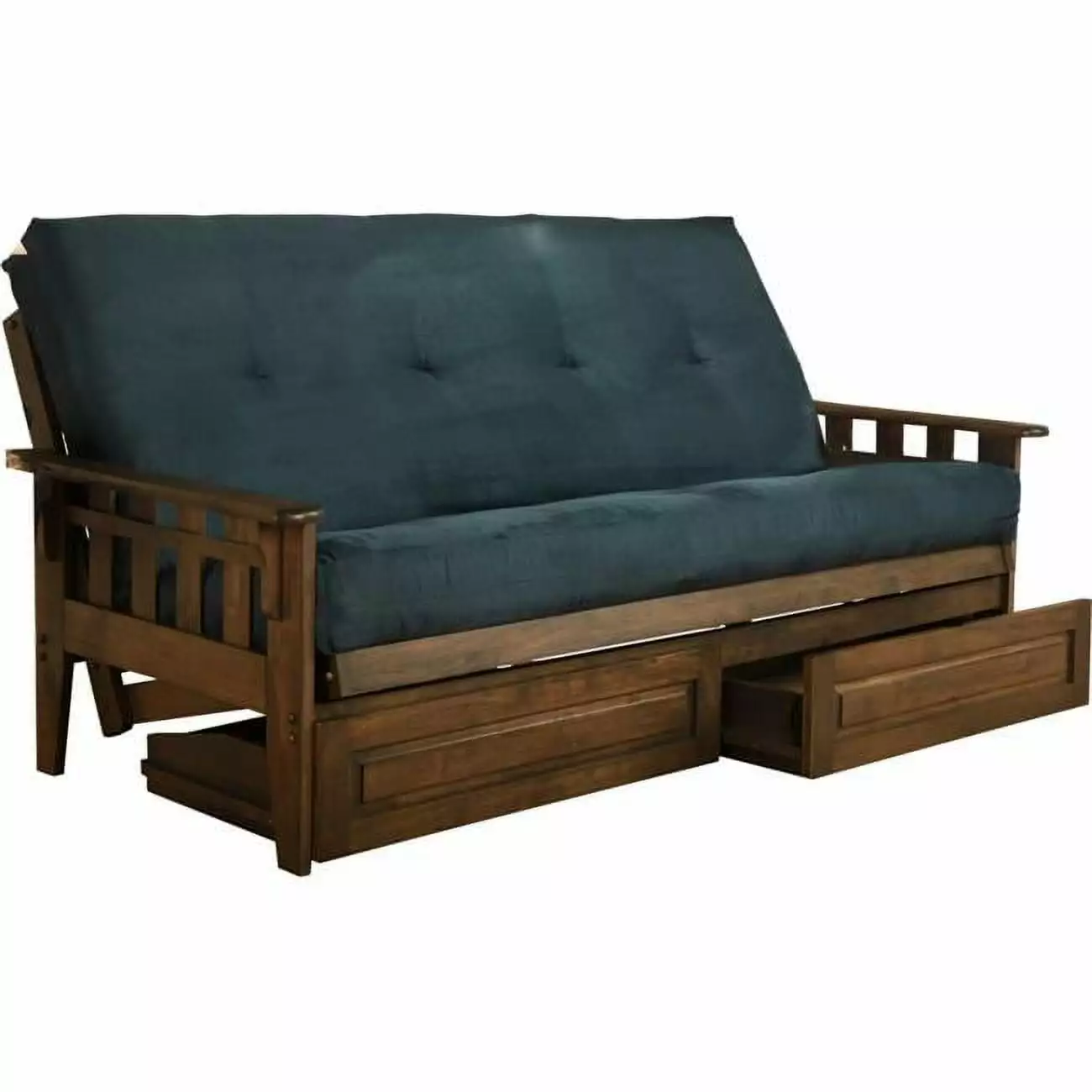 Tacoma Rustic Walnut Futon Frame Suede Navy Mattress & Storage Drawers - Full Size Futons Templeton