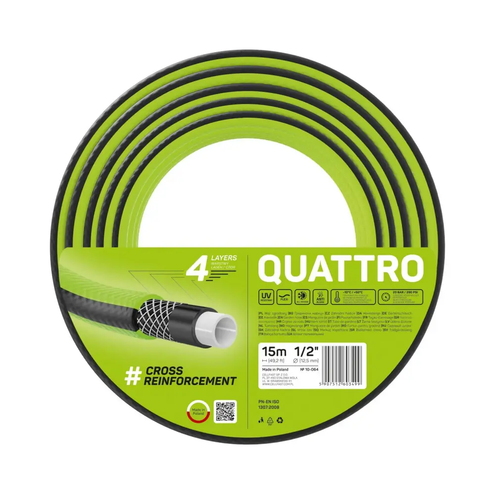 Cellfast Quattro Garden Hose, 1/2" Diameter, 15m Length, 4-Ply Cross Braided