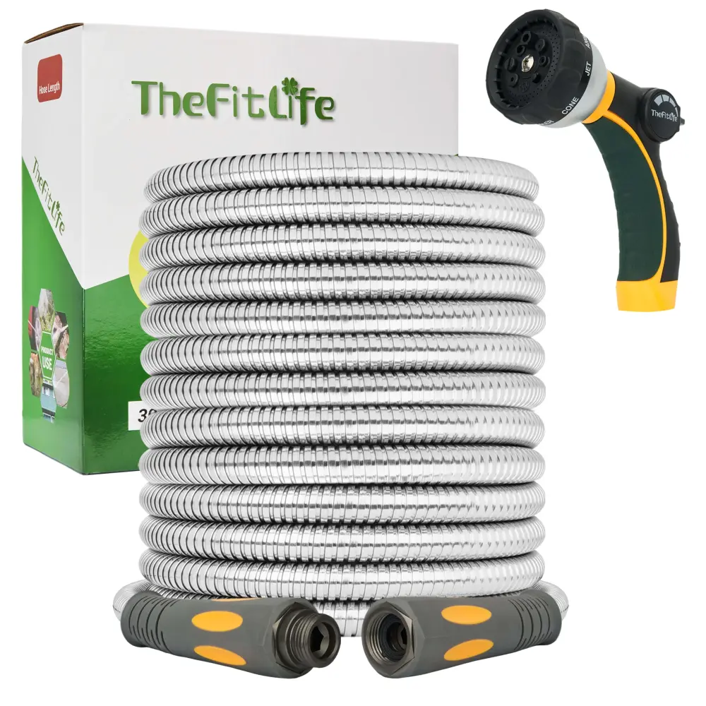 TheFitLife Flexible Metal Garden Hose - 25 FT Lightweight Stainless Steel Water Hose Solid Fittings and Sprayer Nozzle - L...