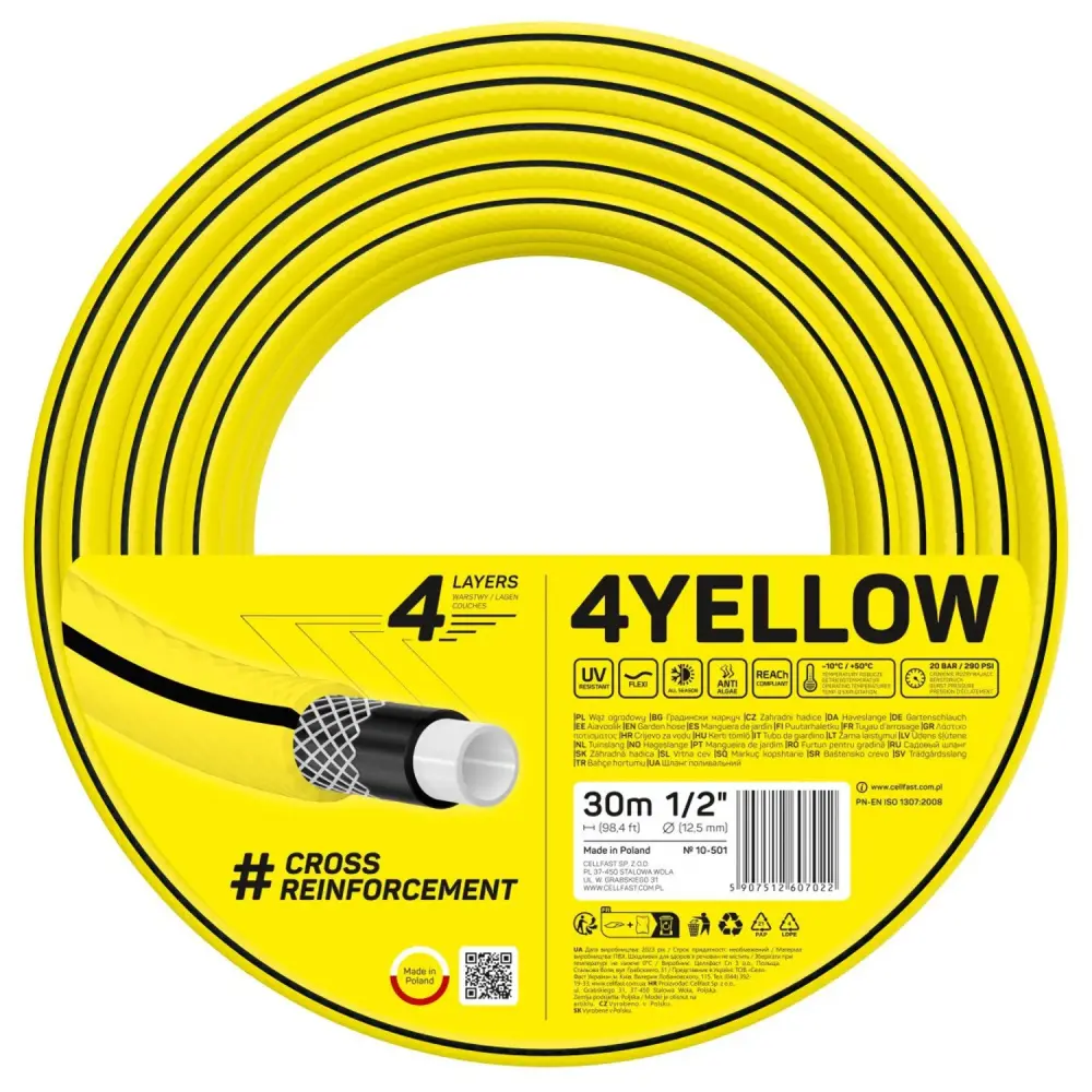 CELLFAST 4YELLOW Garden Hose, 4-Layer, 1/2" Diameter, 30m Length, Model 10-501, Durable and Flexible Optimized Watering