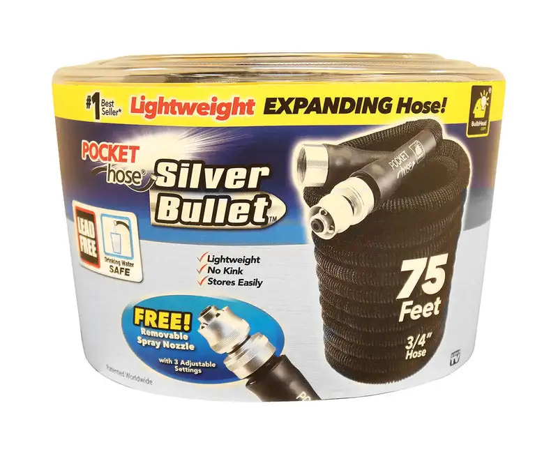 Pocket Hose Silver Bullet Expanding Black Plastic Garden Hose 3/4 x 75 ft Lightweight and Durable